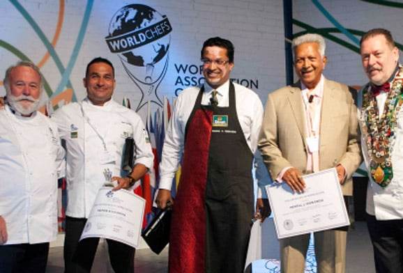 Merrill J. Fernando addressed the main forum at Worldchefs Congress in 2016.